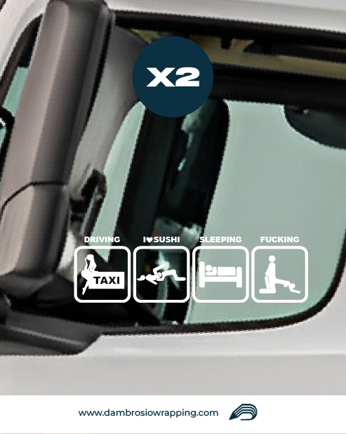 Kit 2 Adesivi per Finestrini Camion - Driving, I Love Sushi, Sleeping, Fu**ing